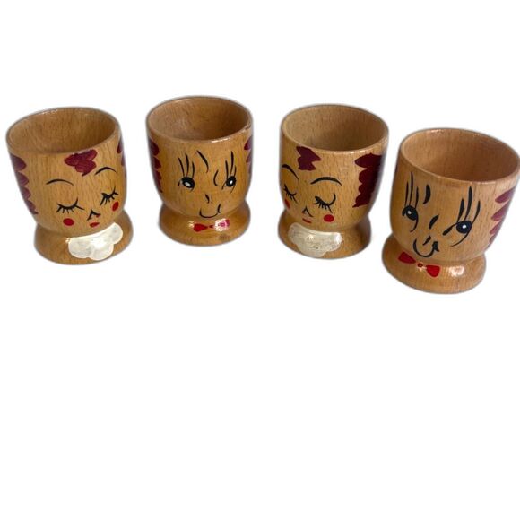 VTG Wooden Hand Painted Faces Egg Cups Holders Displays Kitschy Set of 4 - Picture 1 of 6